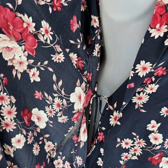 August Silk Intimates 100% Silk Kimono Robe M Floral Short Pockets Lounge Navy - Picture 4 of 7
